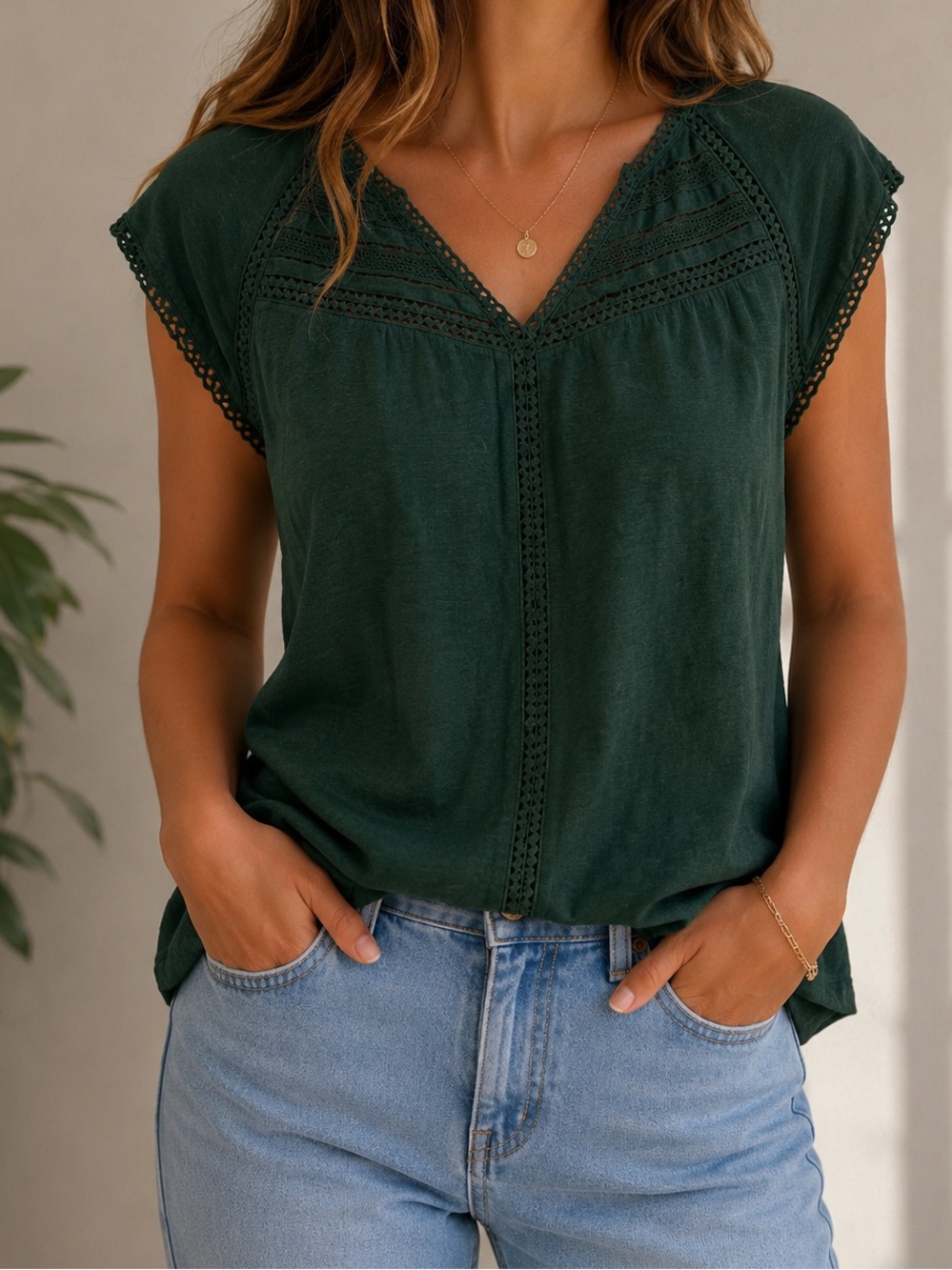 Massimo Dutti Dark Green Crochet Lace Trim Blouse Size Large